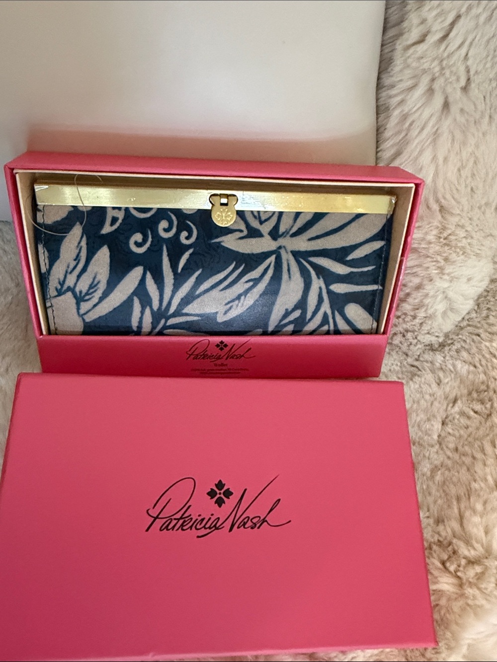 New Patricia Nash Navy and Cream Floral Leather Wallet with Gold Frame